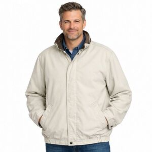 Lands' End Men Large Tall Tan Insulated Canvas Barn Jacket Plaid Lined Chore